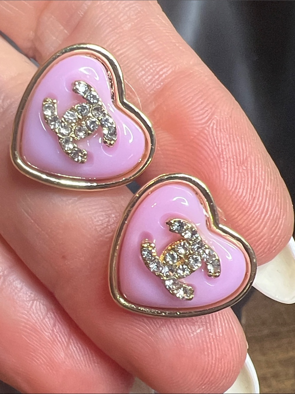 Pink Heart Crystal Logo Stud Earrings - Gold Trim